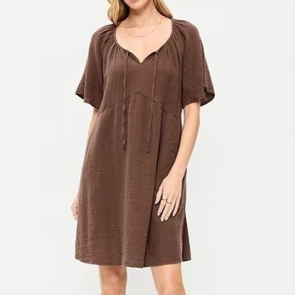 Old Navy Crinkle Gauze Flutter Swing Dress L Brown Cotton Mini Ruffle Keyhole